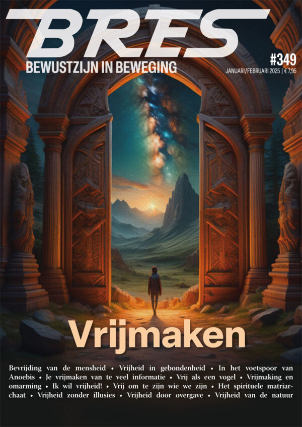 Cover Bres. Illustratie. Wandelaar loopt door een antieke poort naar een landschap.