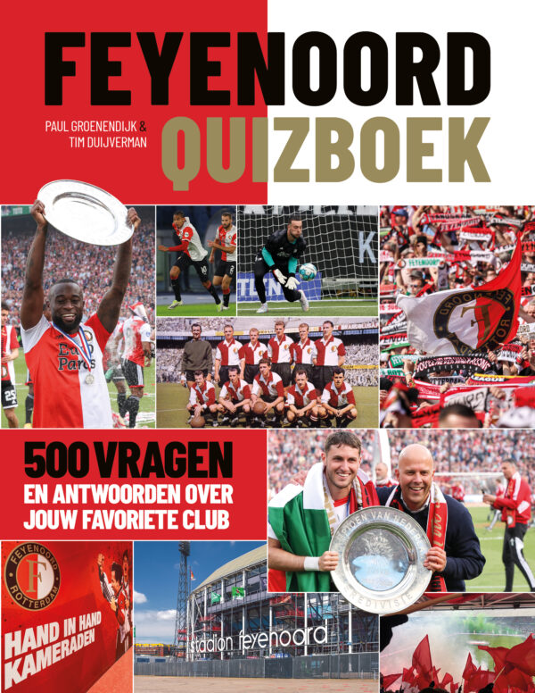 Boekcover. Rood/wit gestreept met fotocompilatie.