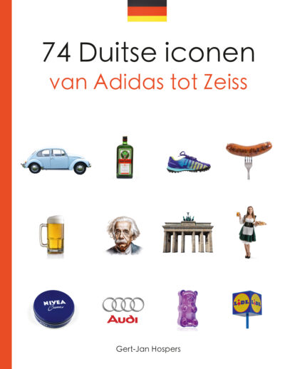 Toont 12 Duitse iconen, waaronder Einstein, bratwurst, Lidl en Adidas.