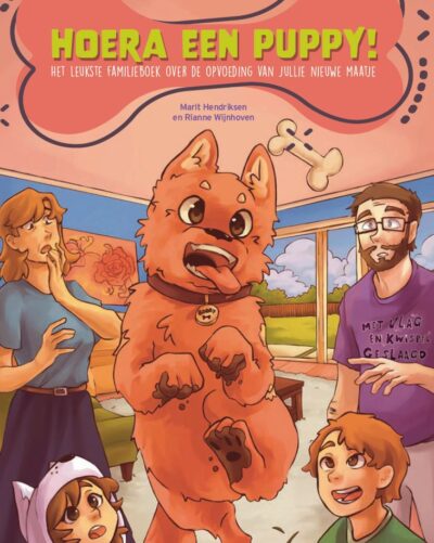 illustratie in mangastijl van een gezin dat zorgelijk kijkt met een naar een bot springende hond.