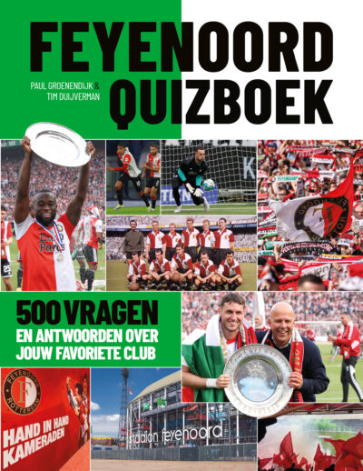 Boekcover. Groen-wit gestreept met fotocompilatie.