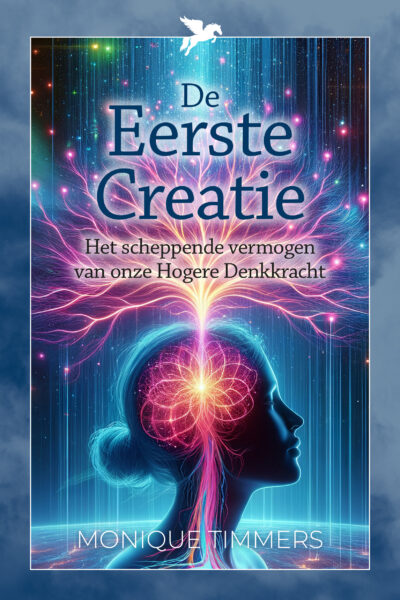 Monique Timmers, De Eerste Creatie. Illustratie van een damessilhouet, gezien vanaf de schouder, uit wiens brein een boom van licht/neuronen ontspruiten