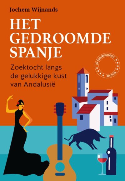 Cover Het Gedroomde Spanje. Illustratie met diverse Spaanse iconen (stier, huizen, flamenco).