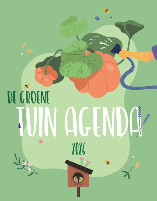 Coverbeeld: illustratie van tuinelementen (hand die pompoenen besproeit, vogelhuisje, takjes)