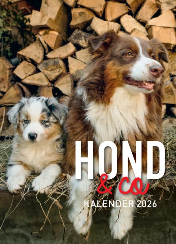 Omslagfoto: pup eb schaapherdershond liggen op een bak met hooi, met op de achtergrond opgestapeld haardhout.