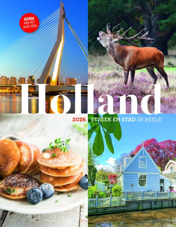 Omslag: compilatie van vier Hollandse foto's: de Erasmusbrug, burlend hert, zaans huis en poffertjes.