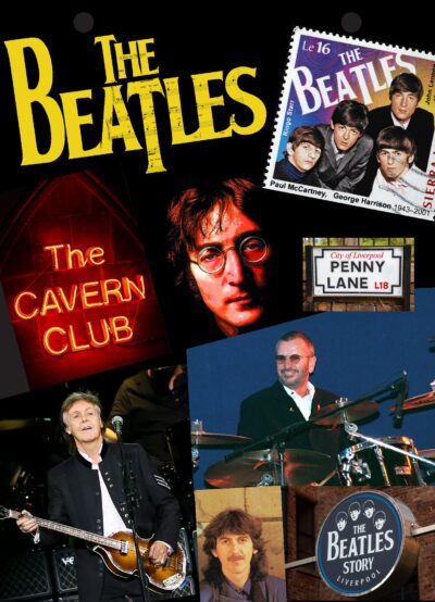 Compilatie van recente foto's van mcCartney en Ringo Star. Gecombineerd met oude foto's, postzegel straatnaambordje Penny Lane.