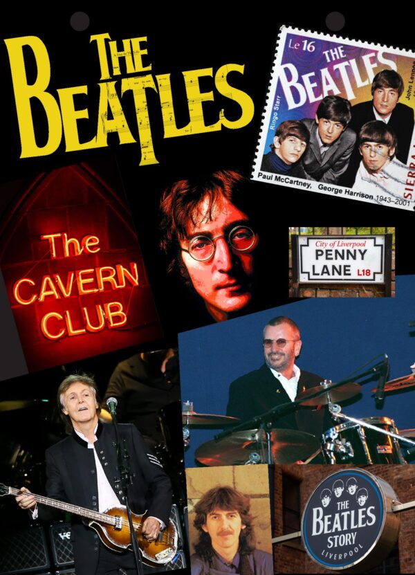 Compilatie van recente foto's van mcCartney en Ringo Star. Gecombineerd met oude foto's, postzegel straatnaambordje Penny Lane.