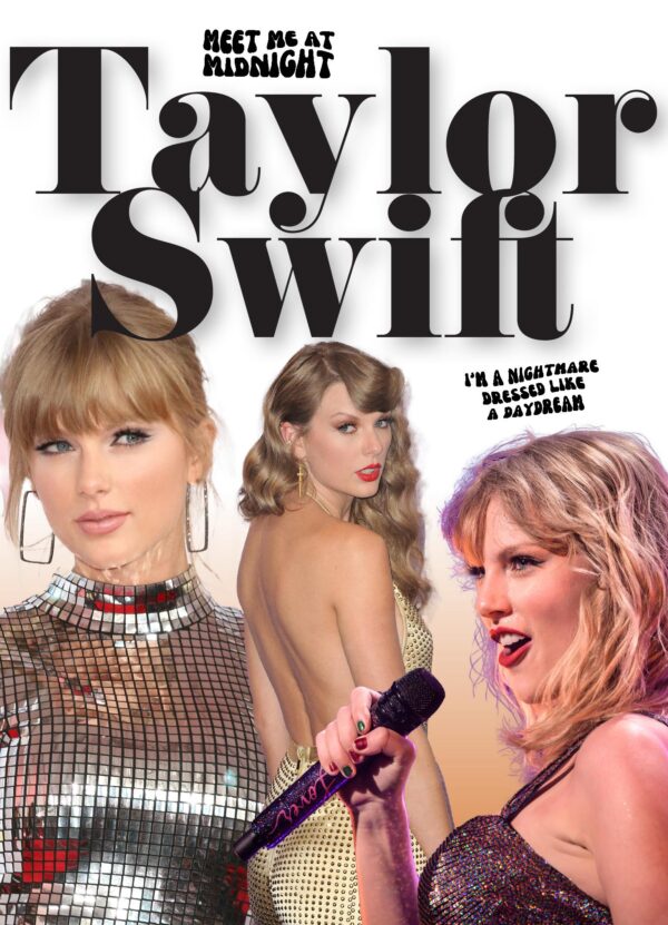Omslag: compilatie van drie foto's van Taylor Swift in verschillende outfits.