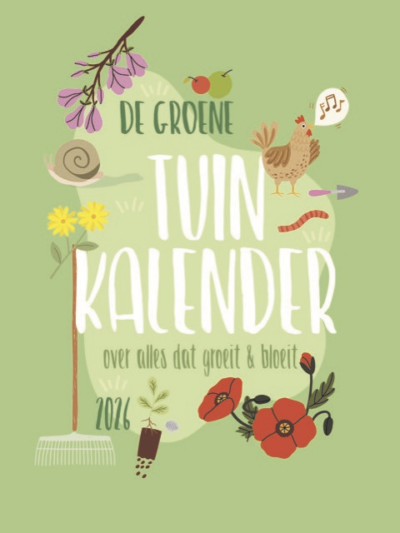 Illustratie van gazon met eromheen tuinelementen (slak, hark, bloem, tak etc.)