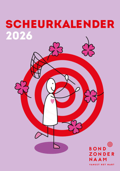Omslagillustratie: poppetjes vangt klavertjes met ene vlindernet. Roze achtergrond.
