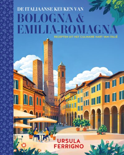 Illustratie van een plein met zuilengangen in Bologna.