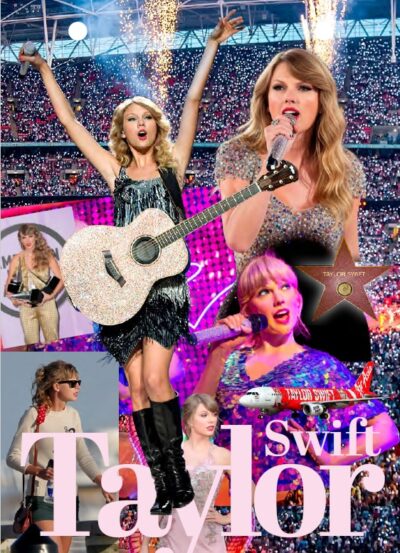 Compilatie van foto's met Taylor Swift, met glitters als thema (glitter outfits, verlicht stadion, etc.), een vrolijk geheel.