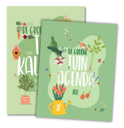 Covers van beide producten. Illustratie van een groen oppervlak met tuinelementen (gieter, bloem, vogel)