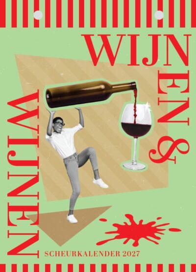 Cover illustratie is een grafische compilatie van een klein mensje in zwartwit die een naar verhouding groot glas wijn vult uit een fles wijn. Er onder ligt een zogenaamd gemorst beetje wijn.